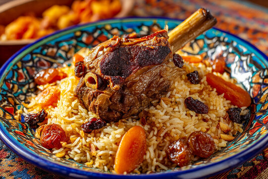 A plate of Afghan kabuli pulao served with tender lamb shank, caramelized carrots, and raisins on vibrant pottery.
