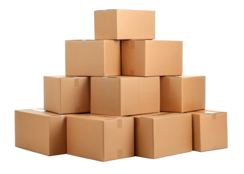 Large messy pile of sealed brown cardboard isolated on a transparent background.