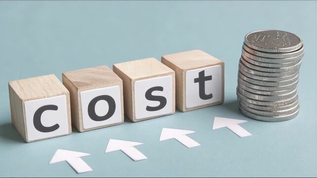 Wooden blocks spell out the word cost next to a stack of coins. Arrows point upwards, suggesting a rise in costs. This setup highlights the concept of expenses in a straightforward way