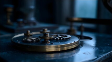 Close up of intricate brass mechanical gears on a detailed circular plate evoking vintage technology and precision