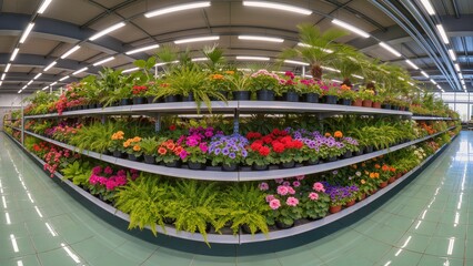 A wide, bright, hyper-detailed view of a garden center interior filled with colorful flowering plants and lush green foliage arranged on multi-tiered shelves