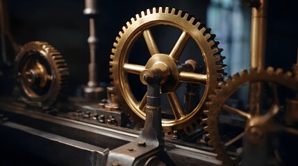 Obraz premium A detailed close up of polished brass mechanical gears and intricate clockwork set against a dark vintage industrial backdrop