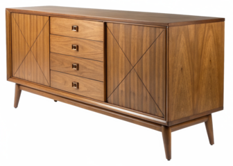 Mid-century modern wooden sideboard isolated on a transparent background.