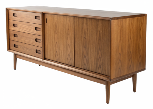Mid-century modern wooden sideboard isolated on a transparent background.