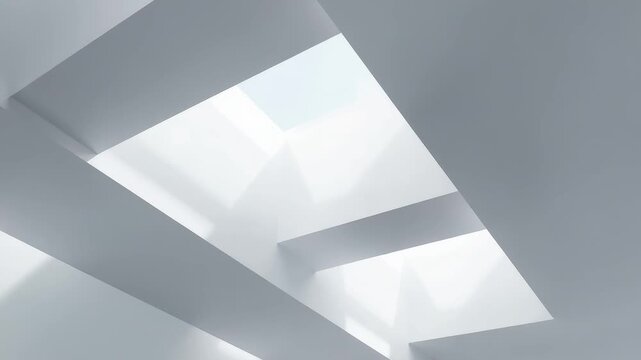 Minimal architectural ceiling design featuring soft natural daylight through geometric skylights creating a bright modern interior with clean structural forms