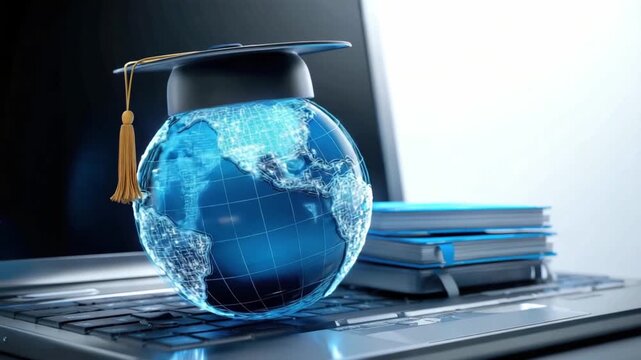 This shows a digital globe with a graduation cap placed on top. It highlights the role of technology in education. Books are stacked nearby on a laptop, symbolizing learning