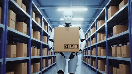 Humanoid robots working in a modern warehouse carrying cardboard boxes. Futuristic AI automation and logistics concept with machines managing inventory. 3D animation - Powered by Adobe