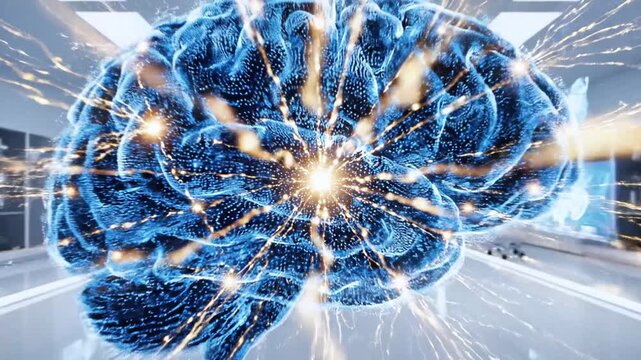 Digital depiction of a brain with glowing neural networks, sparks, and energy bursts