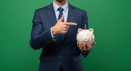 A person in a suit points to a piggy bank with a coin inserted, finance concept