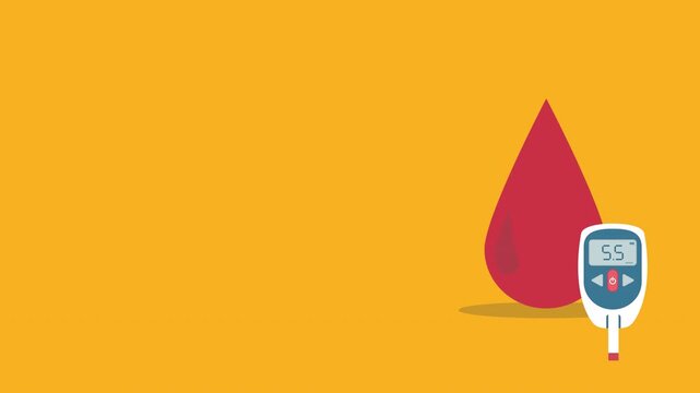 Blood drop with glucometer. Diabetic Glucose measuring device with border indication sugar level. Vector high glucose diabetes risk. Animated video	