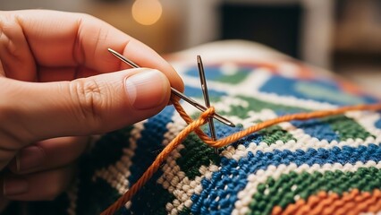 Close-up of hand embroidering colorful geometric pattern with orange thread