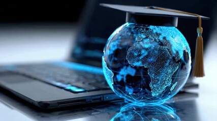 Learners explore online education while using laptops and interacting with a digital globe showing world connections and knowledge access - Powered by Adobe