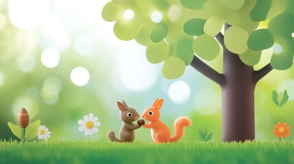 Captivating close up of two playful squirrels enjoying lush green grass on sunny day.