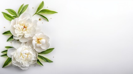 Elegant white peony floral arrangement pure bloom on white background studio shot.