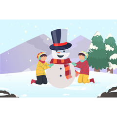 Happy Children Making a Snowman Winter Illustration