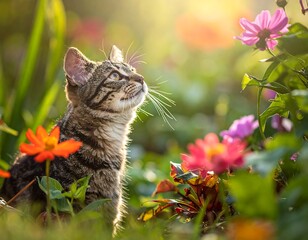 Tabby cat gazes upward amongst colorful blooms in a vibrant garden