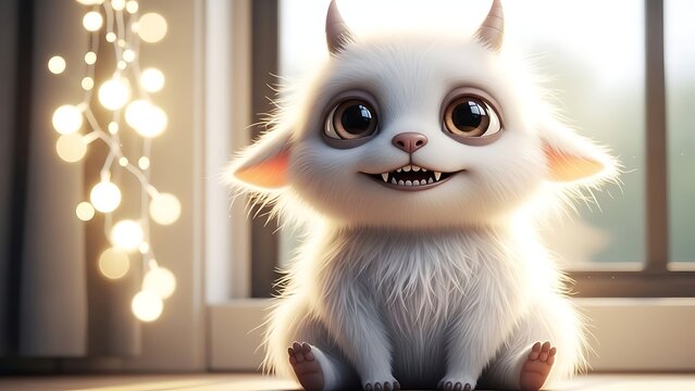 Cute fluffy white monster with big eyes and small horns sitting indoors creature