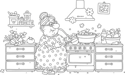 Cheerful granny cooking a tasty soup with fresh vegetables and spices in her cozy kitchen, black and white vector cartoon illustration for a coloring book