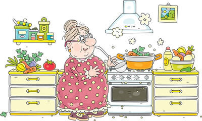 Cheerful granny cooking a tasty soup with fresh vegetables and spices in her cozy kitchen, vector cartoon illustration isolated on a white background