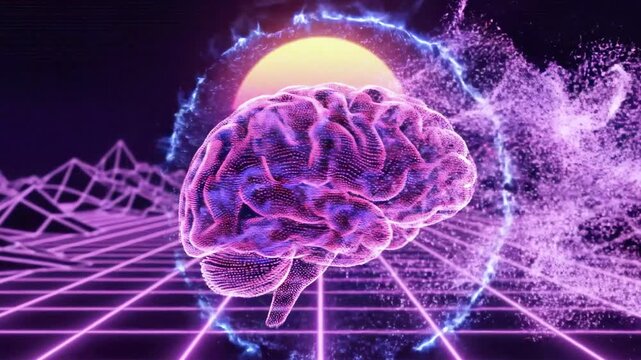 Retro-futuristic digital brain with energy bursts and a glowing orb, set in a grid
