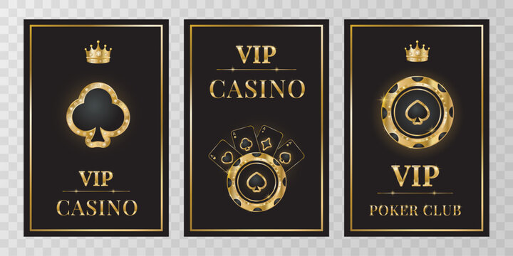 Premium VIP casino posters set with  golden playing chip, cards and text on black background. Collection of templates for pocker club or casino. Advertising, games, casino. Vector illustration.