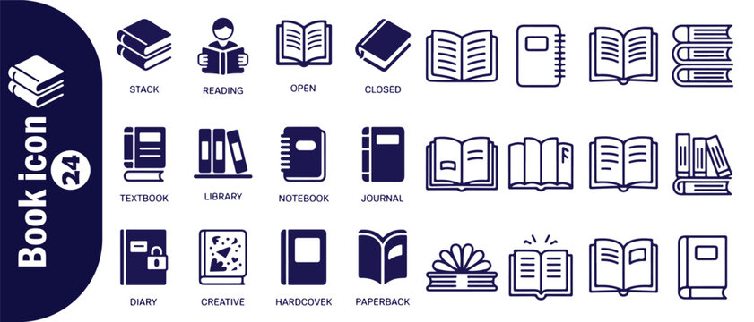 Book icon set with outline style filled design, 24 different library and education related symbols