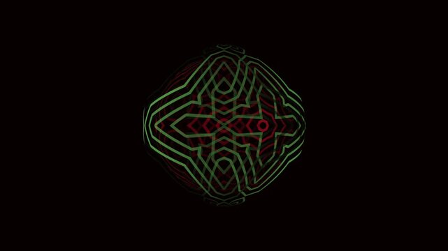 Abstract layered animation of red and green luminous organic line patterns.
