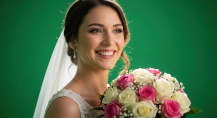 A beautiful bride smiles holding a bouquet of roses against a green backdrop