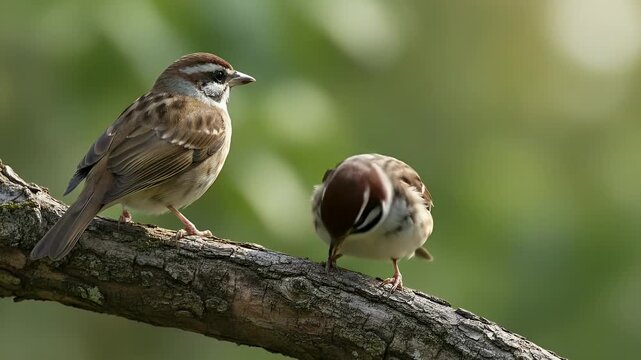 Captivating close-up footage of two small sparrows perched on a wooden branch, showcasing their natural habitat with lush greenery in the background for wildlife enthusiasts.