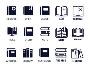 Book icons set with various actions and types for study, reading, and library organization