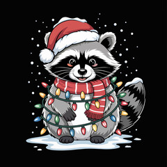 A cheerful raccoon is dressed in a Santa hat and a warm scarf, wrapped in colorful holiday lights