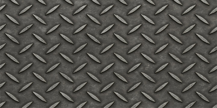 Industrial silver diamond plate metal texture background features a seamless metallic steel pattern on a rough gray iron surface for construction and industry wallpaper