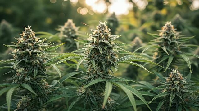 High-quality close-up video of vibrant cannabis plants with detailed buds and lush green leaves in a natural outdoor setting, showcasing the beauty of marijuana cultivation.