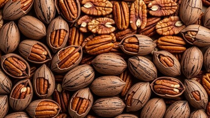 Close up view of pecan nuts both shelled and in their shells overhead composition