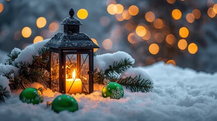 Snowy lantern scene with ornaments candle glow pine needles