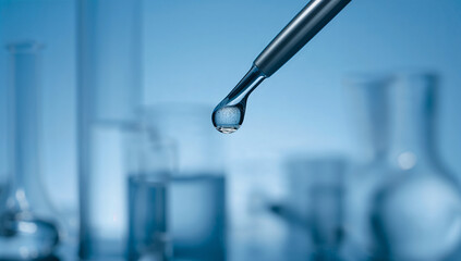 A clear water drop captured just before falling, showcasing scientific accuracy and laboratory work.