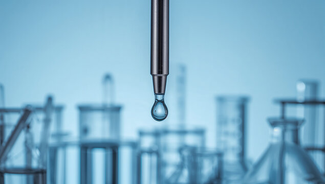 A lab pipette with a droplet of water, emphasizing scientific experimentation and analysis.