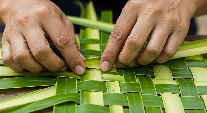 Intricate weaving of vibrant green leaves displaying craftsmanship skills