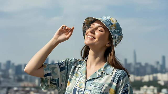 A young woman joyfully enjoys the sunlight on a rooftop, wearing a stylish patterned shirt and matching bucket hat against a stunning city skyline backdrop, embodying urban fashion.