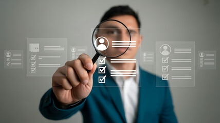 Man analyzing data with magnifying glass for hr recruitment and job search candidate selection process