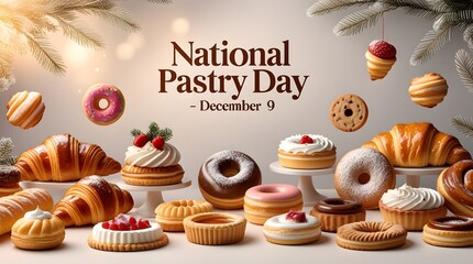 National Pastry Day - December 9: Festive Display of Assorted Desserts, Donuts, Croissants, and Tarts with a Snowy Winter Border