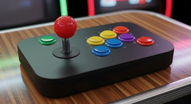 Retro arcade joystick and buttons on a wooden table with soft bokeh background