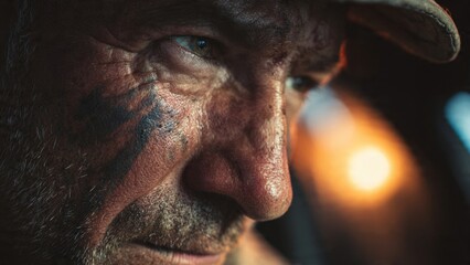 Obraz premium Close-up of mechanic with oil marks on face in bright indoor lighting realistic portrait photography