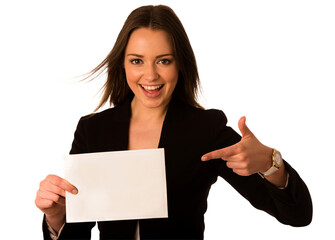 Preety assian caucasian woman holding a white card isolated with no background PNG