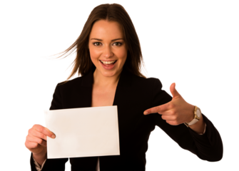 Preety assian caucasian woman holding a white card isolated with no background PNG