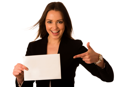 Preety assian caucasian woman holding a white card isolated with no background PNG