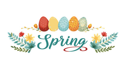 Decorative spring text with colorful patterned easter eggs and floral elements on a white background