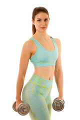 Active young sporty hispanic woman workout with dumbbells isolateda