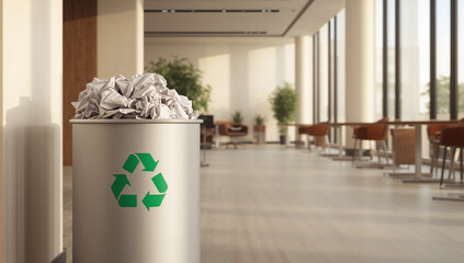 A modern office interior with a recycling bin filled with crumpled paper, promoting sustainability in the workplace.