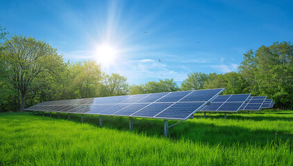 An expansive field of solar panels soaking up sunlight, symbolizing the use of renewable energy in nature.